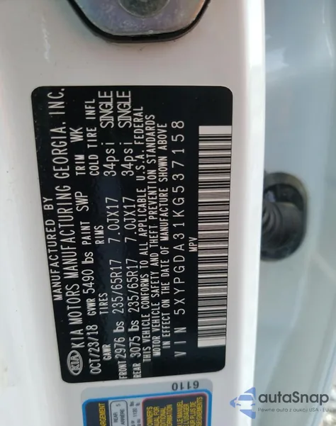 2019 Kia Sorento L z USA, uszkodzony, nr VIN 5XYPGDA31KG537158